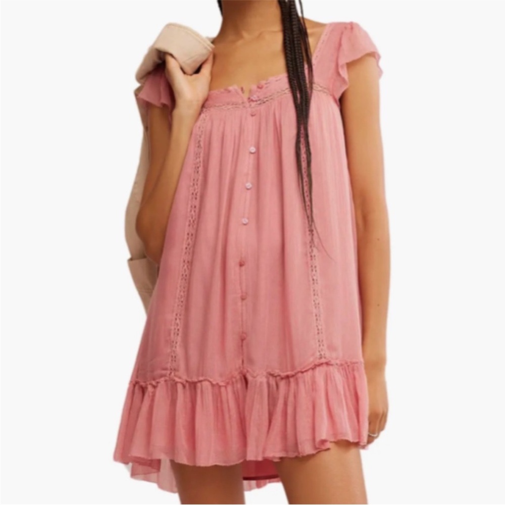 Free People Olivia Gauze Babydoll Dress in Flamingo Pink Size SM  $128 MSRP NWT - Picture 3 of 10